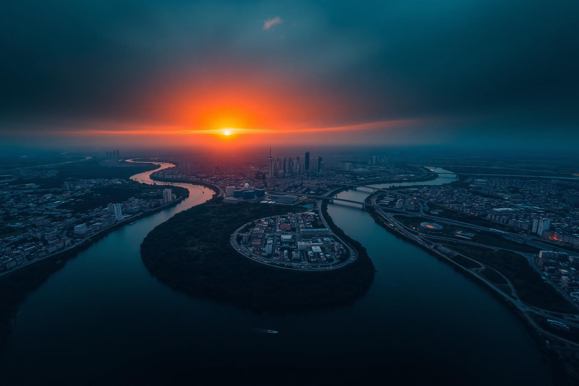 Aerial view of a river meeting a city at sunrise